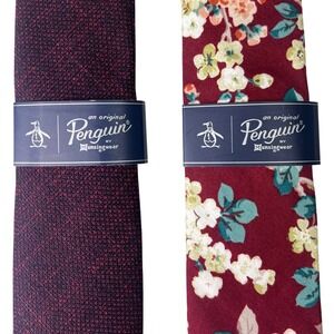 Penguin Slim Skinny Tie LOT OF 2 Men's Necktie Floral & Burgundy Modern‎